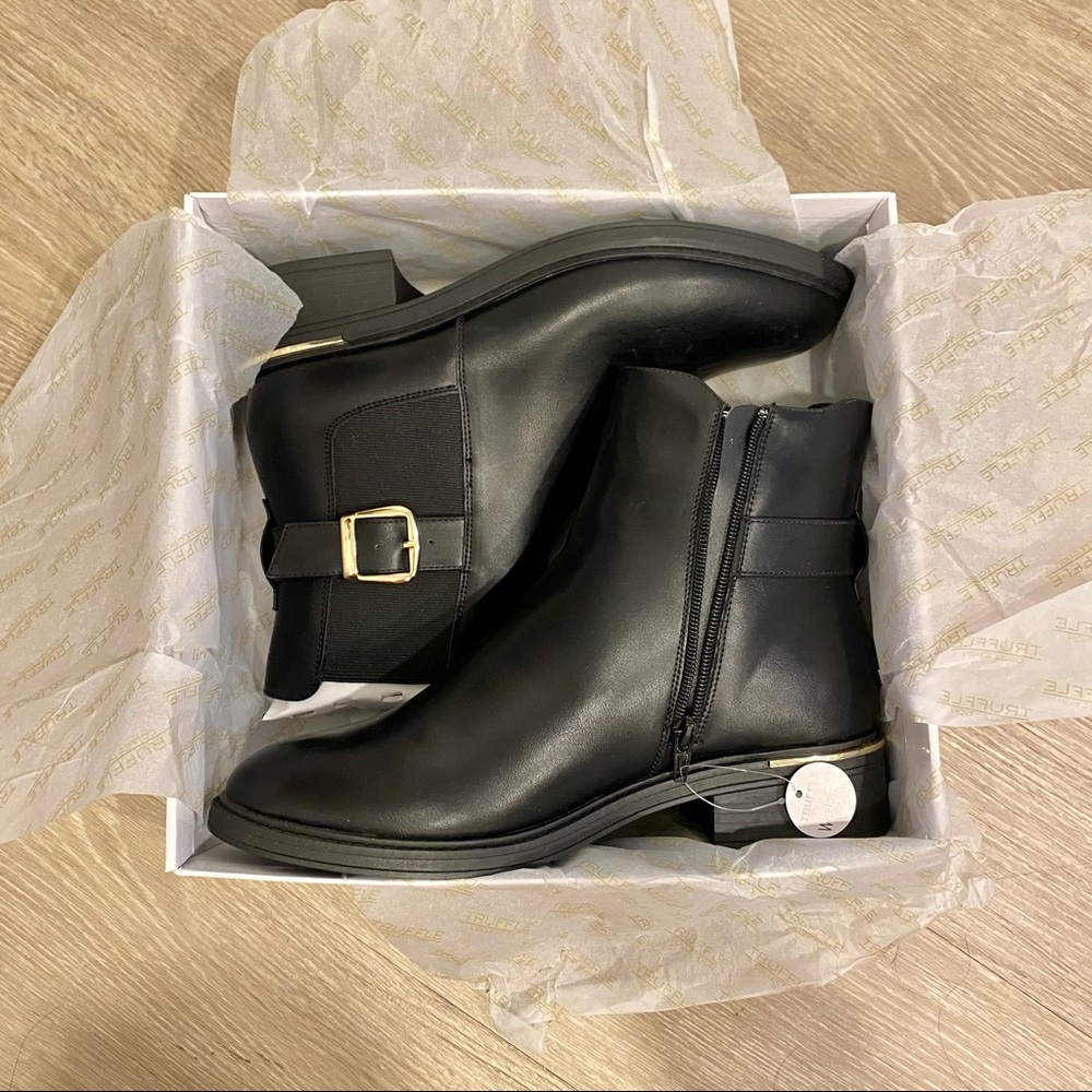 PrettyLittleThing Black Booties with Gold Buckle